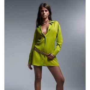 Lime Green Satin Style Shirt Dress